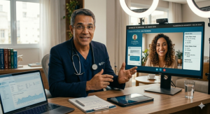 Médico realizando atendimento por telemedicina em 2026 durante consulta online, destacando tecnologia, atendimento digital e inovação nos planos de saúde.