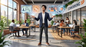 Profissional em coworking moderno representando os planos de saúde em 2026, com destaque para tecnologia, telemedicina, benefícios empresariais e inovação na saúde suplementar.