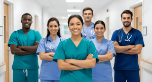Equipe de profissionais de saúde em hospital representando atendimento de plano de saúde
