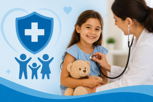 Plano de saúde com médico atendendo paciente em ambiente hospitalar moderno, representando cuidados e assistência médica de qualidade