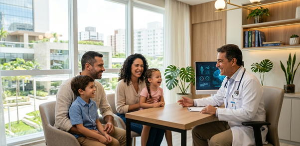 Família sorrindo em consulta com convênio médico