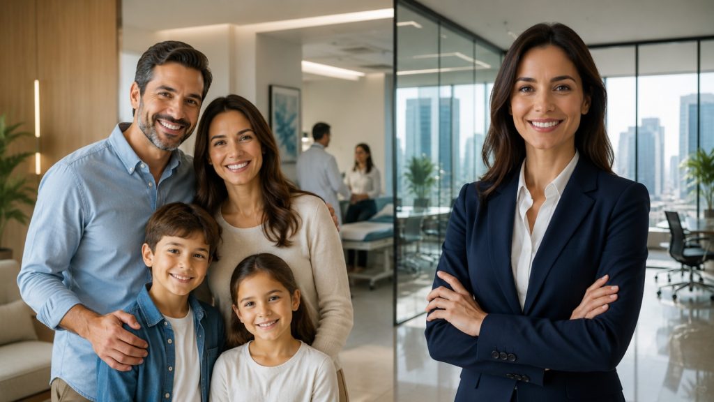 Família feliz com casal e dois filhos ao lado de uma corretora de seguros em ambiente corporativo moderno, representando escolha de plano de saúde com atendimento especializado.