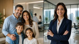 Família feliz com casal e dois filhos ao lado de uma corretora de seguros em ambiente corporativo moderno, representando escolha de plano de saúde com atendimento especializado.