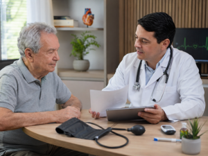 Médico acompanhando a saúde de paciente idoso durante consulta